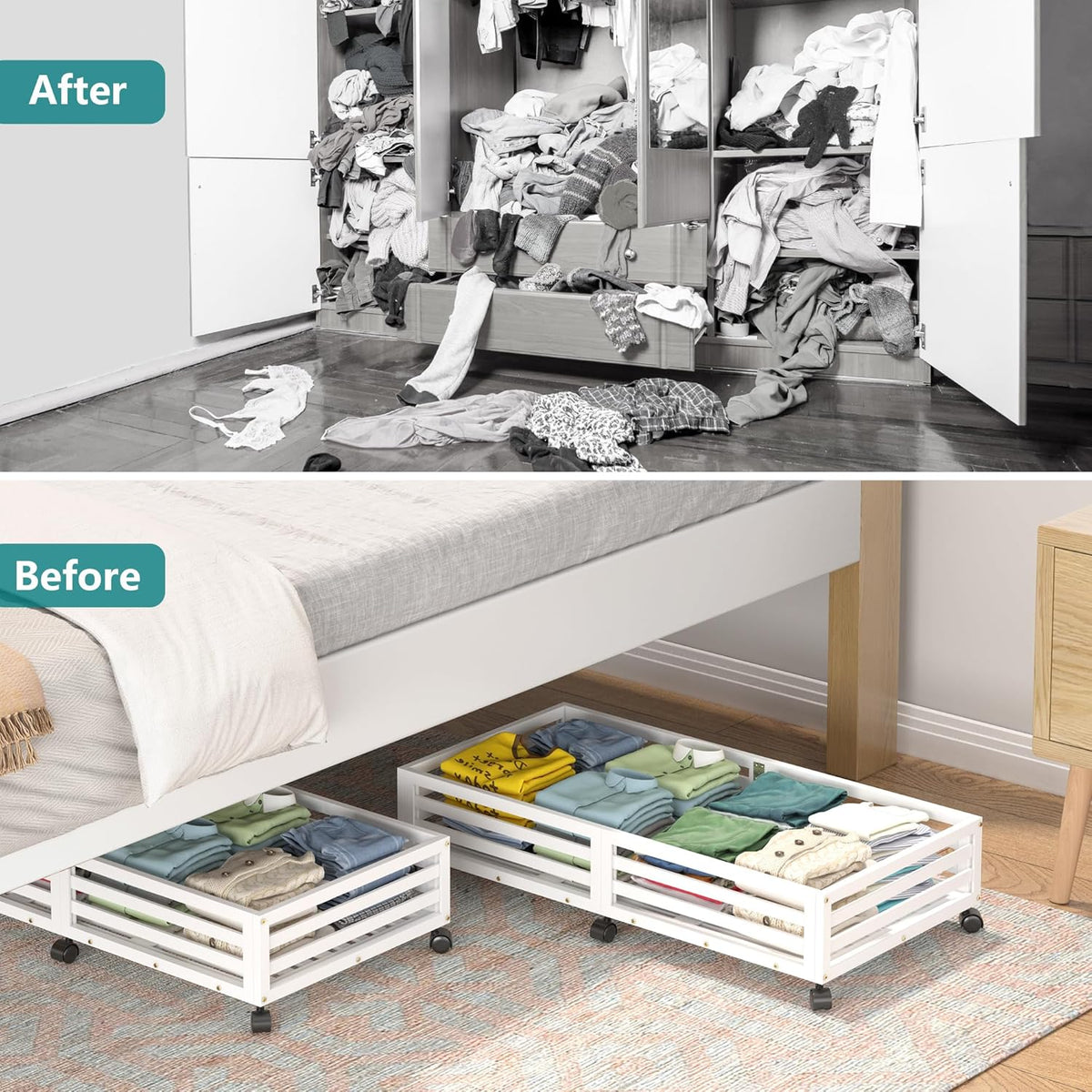 Wisuce Bamboo Under Bed Storage Containers- Underbed Organizer with Wheels with Large Dust Bag,Sturdy Wood Rolling Under the Bed Shoe Storage Organizer Drawer 2 Packs (White, Long)