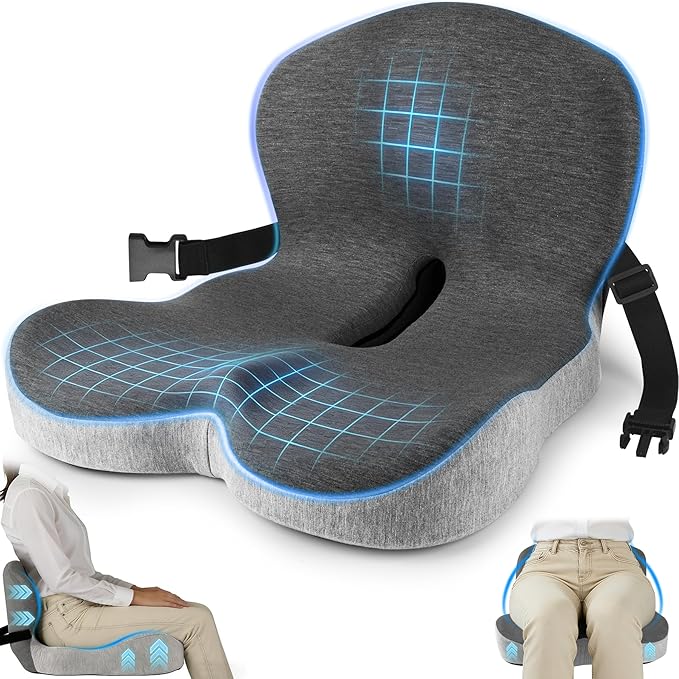 MYFAMIREA Truck Seat Cushion, Memory Foam Trucker Seat Cushion for Truck Driver Long Sitting with Adjustable Strap, Back Support and Pain Relief for Trucker Driving Car Office Chair and Pain