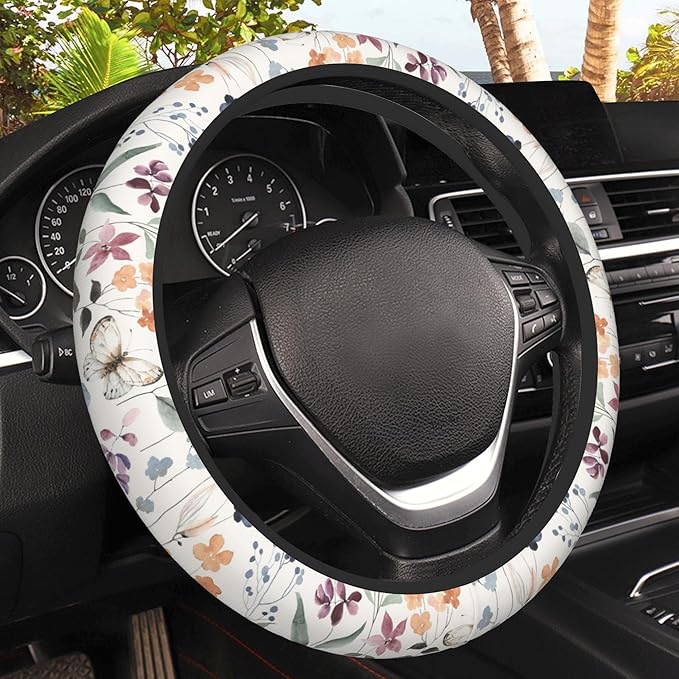 Watercolor Wildflowers Car Steering Wheel Cover, Non-Slip Absorbing Sweat Car Wheel Cover Accessories for Men Women,Universal 15" Fit Auto SUV Vans Trucks