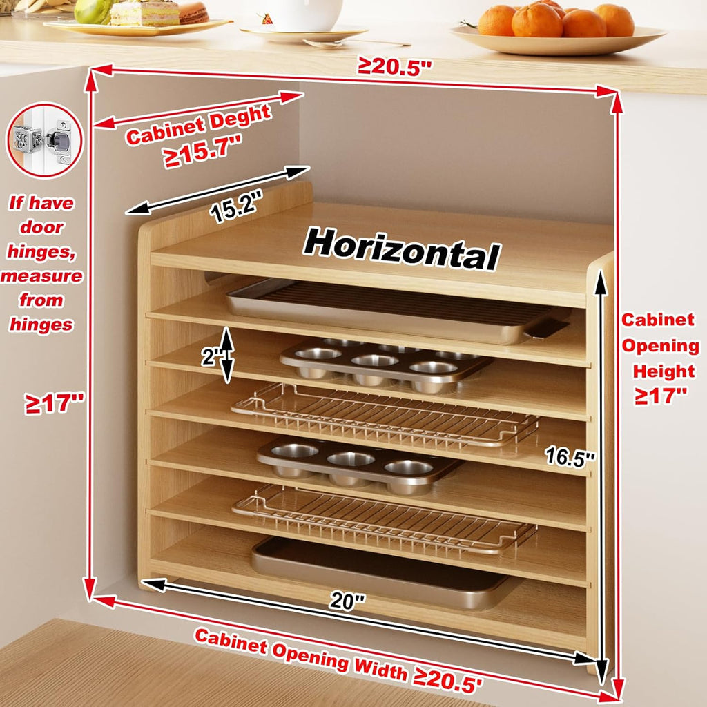 7 Tier Wooden Tray Dividers for Cabinets Cookie Sheet Organizer for Pot, Pans, Baking Tray Organizer for Kitchen Documents Storage(20" W x 16.5" H x 15.2" D)
