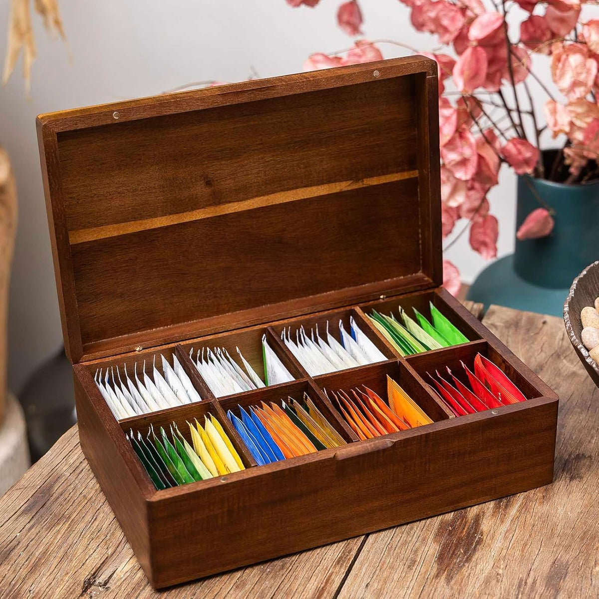 Acacia Wooden Tea Bag Organizers, Tea packet Storage Boxes, Tea Caddy for Tea Bags Chest, Teabag Holder Containers, Teabox Station Display, Organizador De Tes Caja Para Te, 8 Compartments
