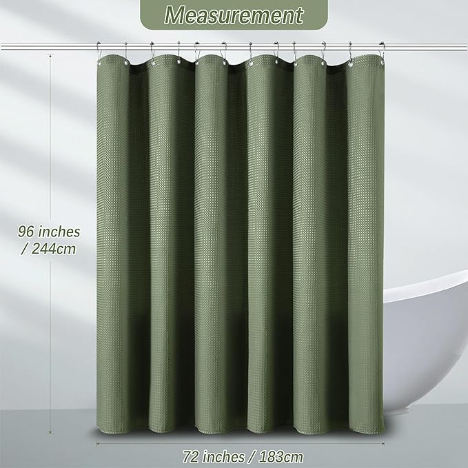 PANGSINNE Extra Long Sage Green Bathroom Decor Waffle Shower Curtain 96 Inches 256GSM Heavy Duty Shower Curtain Set, Hotel Quality Water Repellent Modern Shower Curtains with 12 Hooks,72Wx96H