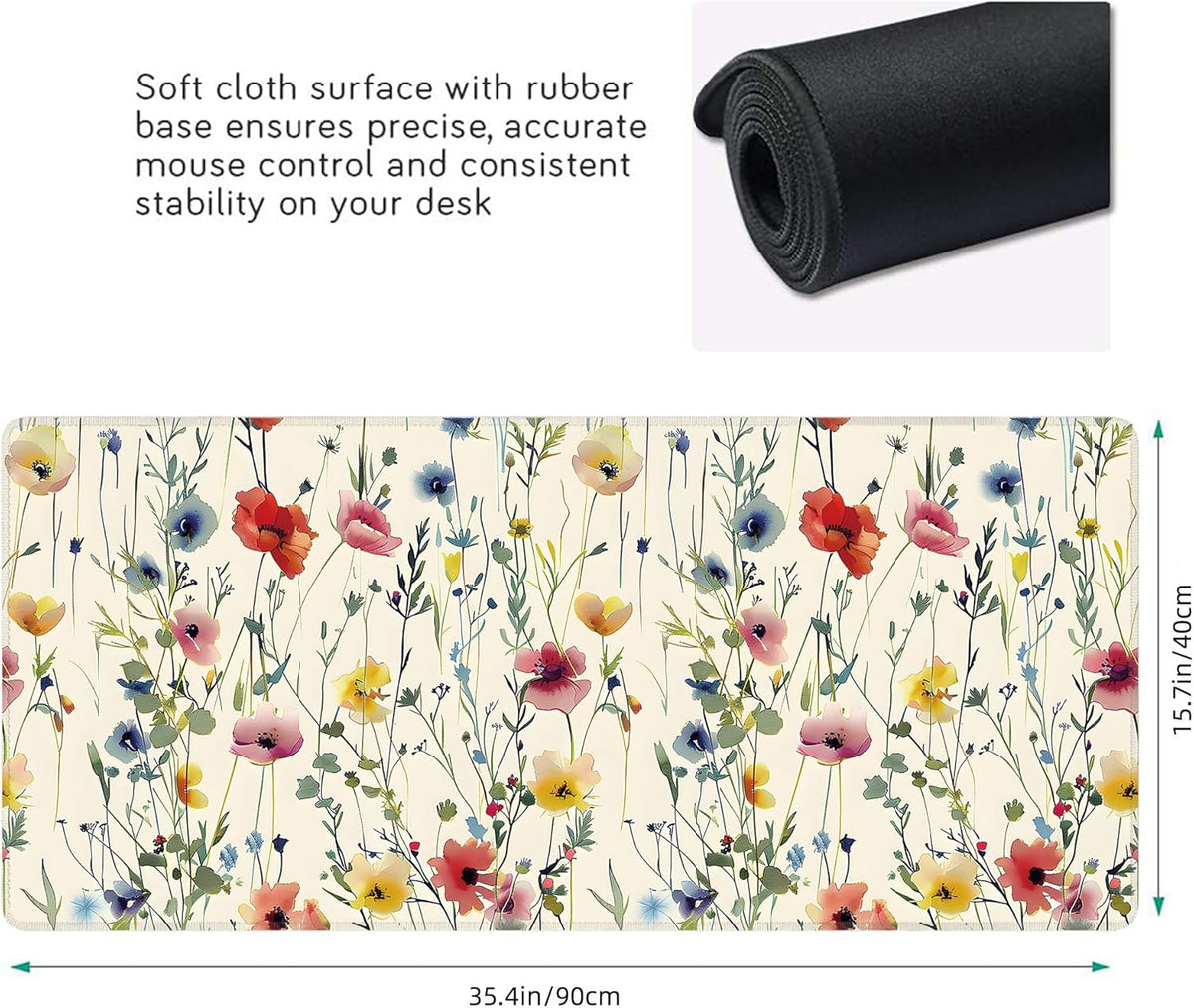 Wild Flowers Large Mouse Pad,Gaming Keyboard Desk Pad,Extended Mouse Mat Non-Slip Rubber Base with Stitched Edges for Office Game Home XXL 35.4"x15.7"