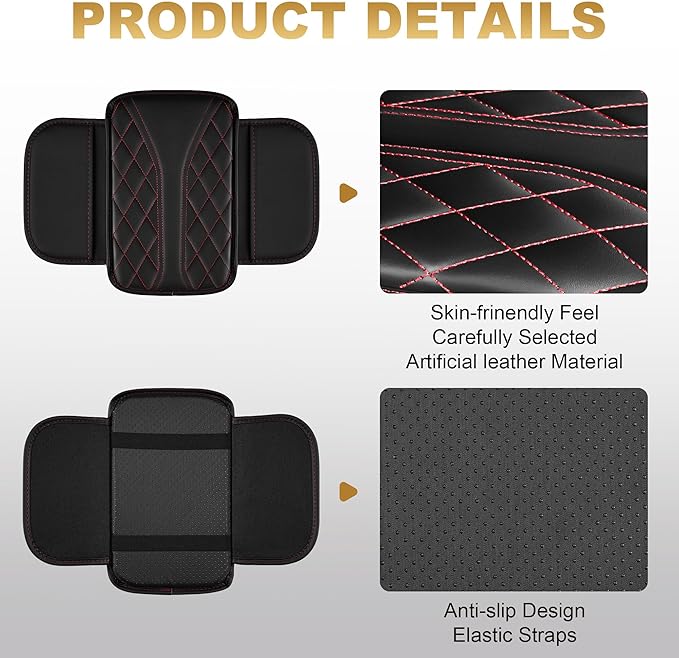 Center Console Cover Fit for Civic: Scratch and Wear Resistant Console Cover Leather with 2 Storage Bags -Upgraded Armrest Coverfor Car,Anti-Scratch Auto Armrest Pad Accessory （Black&Red
