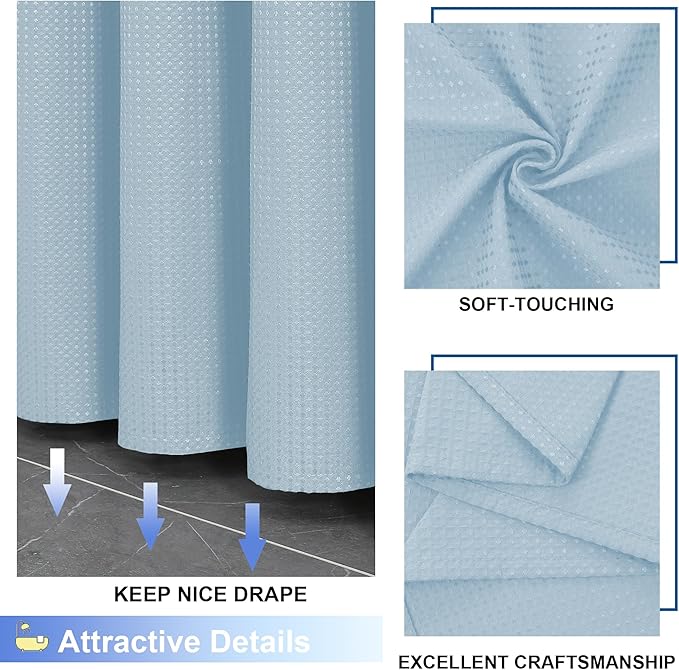 OVZME Extra Long Shower Curtain Set - 84 Inch Long Waffle Weave Heavy Duty Cloth Shower Curtain for Bathroom, Luxury Weighted 230GSM Bath Curtain Set with 12 Plastic Hooks, 72Wx84L, Glacier Blue