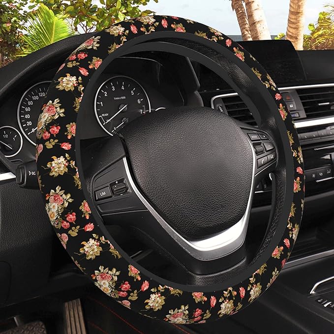 Watercolor Pink Hisbicus Steering Wheel Cover, Elastic Non-Slip Steering Wheel Protector,Auto Interior Decor for Women Girls,Universal 15" Fit for Sedans,Trucks