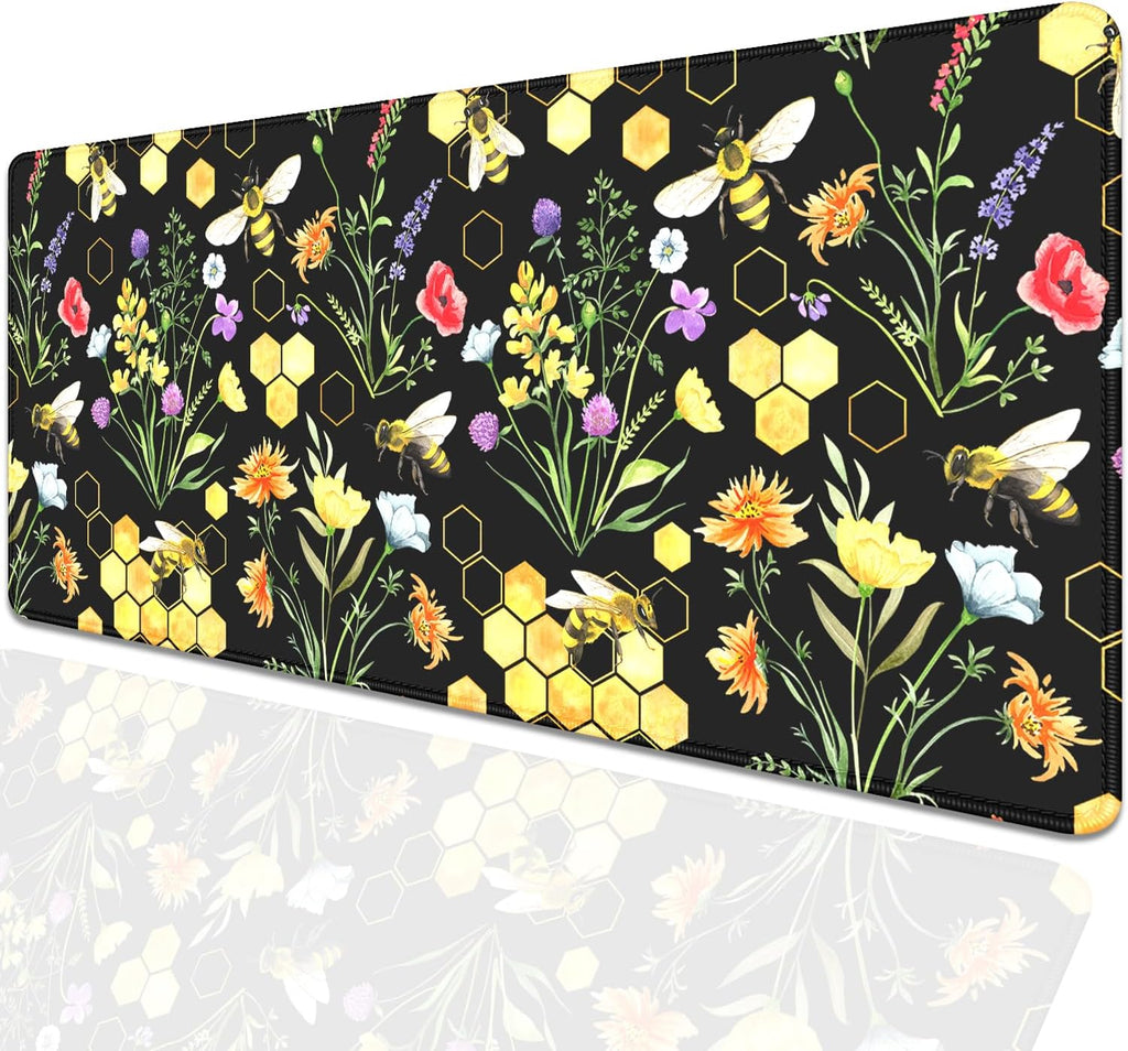 Bees and Honeycombs Mouse Pad,XL Large Wildflowers Mousepad Desk Pad with Stitched Edges,Non-Slip Waterproof Rubber Base Mouse Mat Desk Mat for Office Computer Keyboard Laptop Home(27.5x11.8 in)