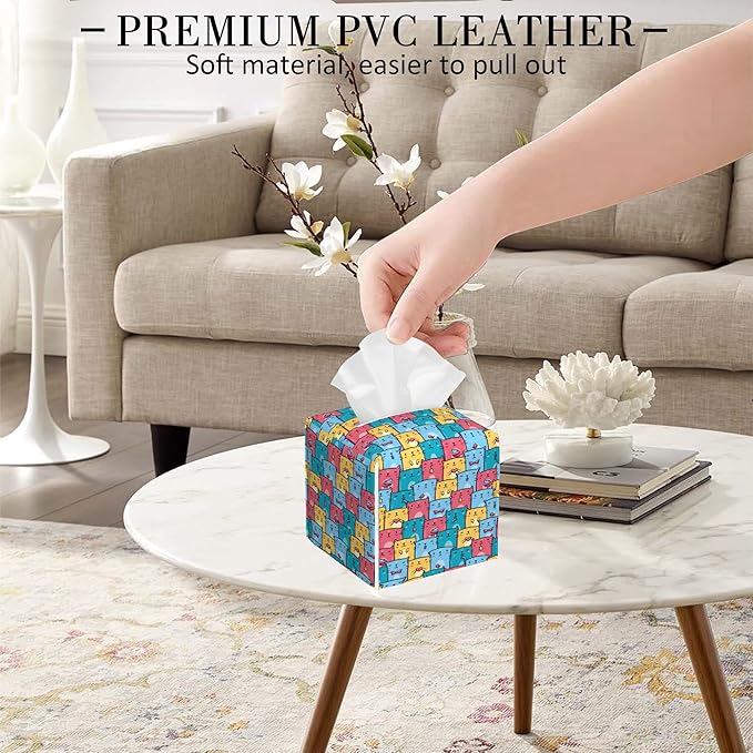 POIUBLE Cute Colorful Cats Tissue Box Cover Leather Tissue Box Holder Square Facial Paper Organizer Dispenser for Bathroom Kitchen Bedroom Vanity Countertop Night Stands