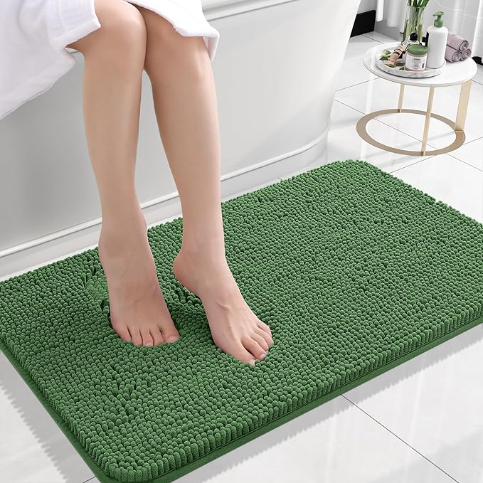 OLANLY Bathroom Rugs 24x16, Extra Soft Absorbent Chenille Bath Rugs, Rubber Backing Quick Dry, Machine Washable Bath Mats for Bathroom Floor, Tub and Shower, Home Decor Accessories, Olive Green