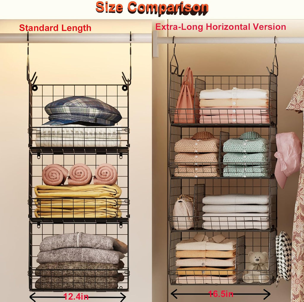 4 Tier Hanging Closet Organizer with Dividers,Extra Large Storage Hanging Shelf with 5 S Hooks 4 Dividers,Hang on Wire Closet Shelving Clothes Organizer-Black