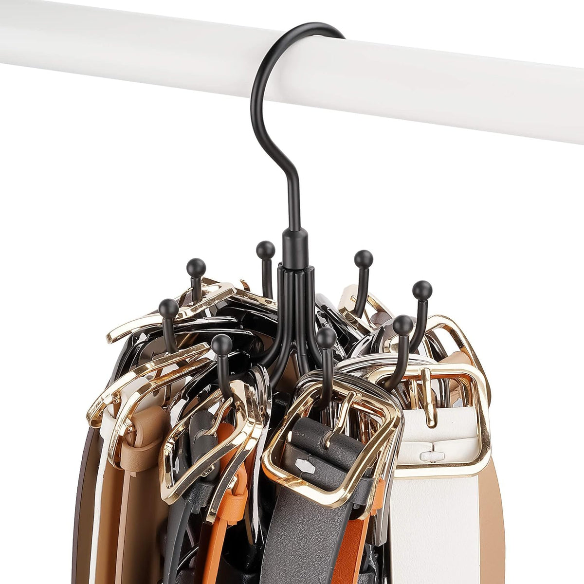 ZEDODIER Belt Hanger, Rotatable Belt Rack Closet Accessories Organizer, Maximum 24 Storage Capacity, Hanging Holder Storage Hook for Belt, Bra, Tank Top, Tie, Scarf, Purse, Black