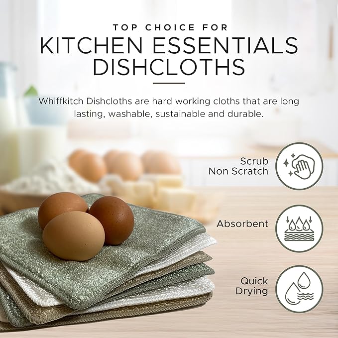 Whiffkitch Dishcloths Dishrags for Kitchen and Household Cleaning 6x7 6-Pack Non-Scratch 2-Ply Weave, Rayon Derived from Bamboo, Absorbent, Washable, Long-Lasting