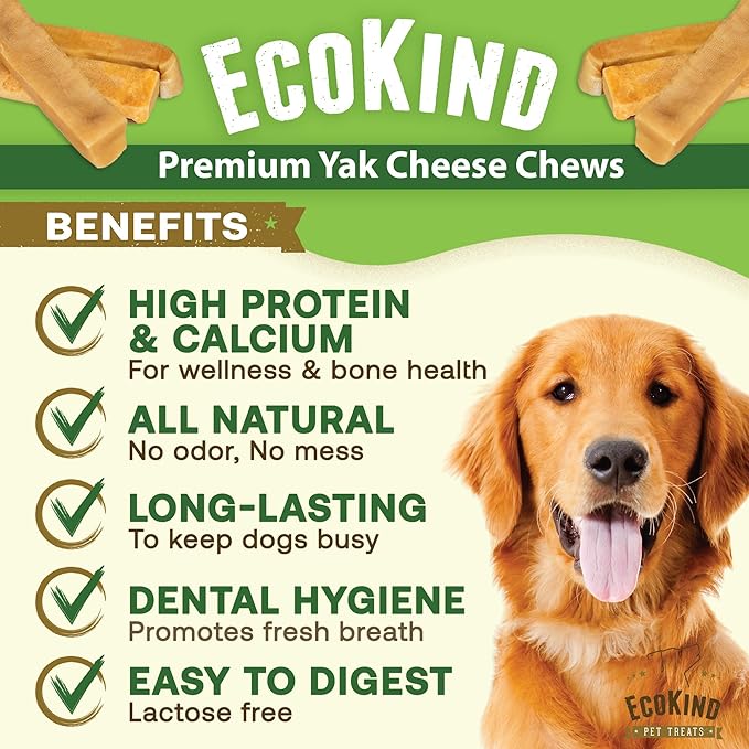 EcoKind Premium Gold Yak Cheese Himalayan Dog Chews, Dog Treats Large Breed, All Natural, High Protein, for Aggressive Chewers, Large - 12+ Chews (3 lb)