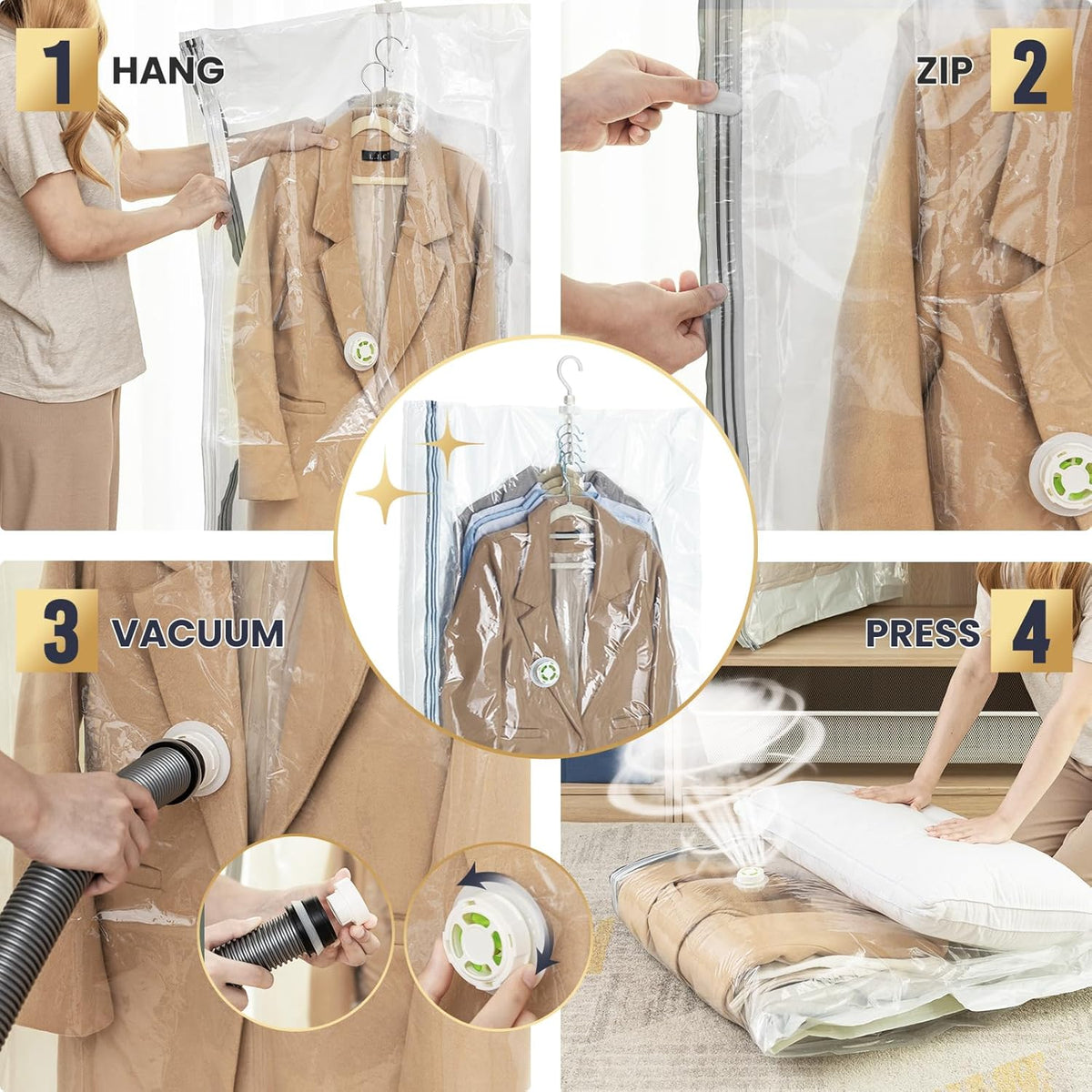 TAILI Hanging Vacuum Sealer Storage Space Saver Bags for Clothing, Suits and Jackets, Closet Organizers, Wider Sides (3 Long, 3 Short) Cream