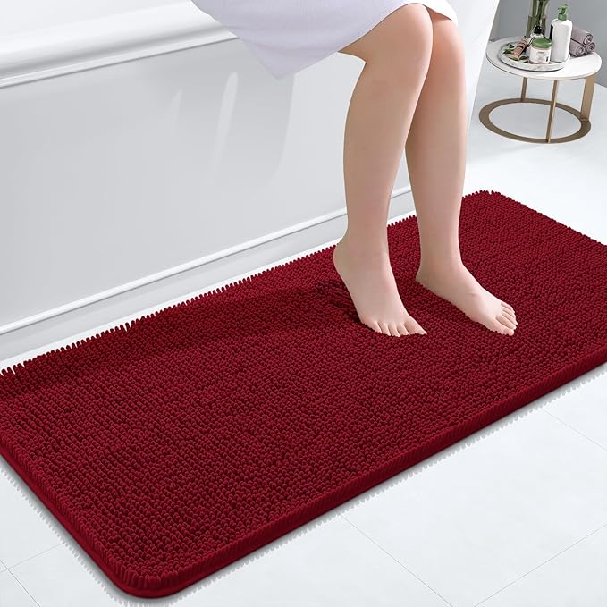 OLANLY Bathroom Rugs 47x20, Extra Soft Absorbent Chenille Bath Rugs, Rubber Backing Quick Dry, Machine Washable Bath Mats for Bathroom Floor, Tub and Shower, Home Decor Accessories, Red