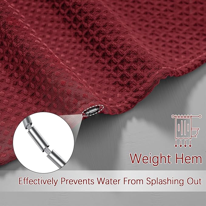 PANGSINNE Long Burgundy Fabric Shower Curtain - Waffle Textured Tall Heavy Duty Cloth Shower Curtains for Bathroom, 256GSM Large Hotel Spa Luxury Bath Curtain Set with 12 Hooks(72Wx78H, Burgundy)
