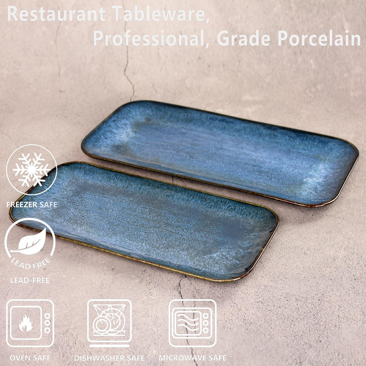 Porcelain Dinner Plates Blue 2 PCS, Serving platters for entertaining, for Fruit, cheese, snack, Bread, cupcake, Salad - Scratch Resistant durable, Microwave, Dishwasher Safe