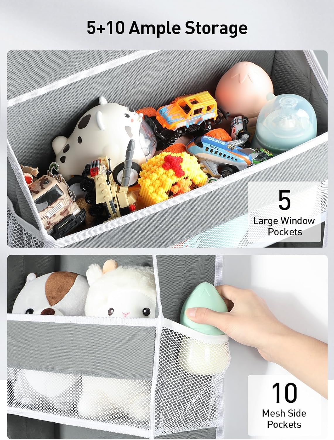 Yecaye 2 Pc Over The Door Organizer with 5 Bins 10 Side Pockets, 44lbs Load Hanging Bathroom and Bedroom Organizer, Behind The Door Hanging Organizers for Nursery Newborn Baby Essential Stuff Grey