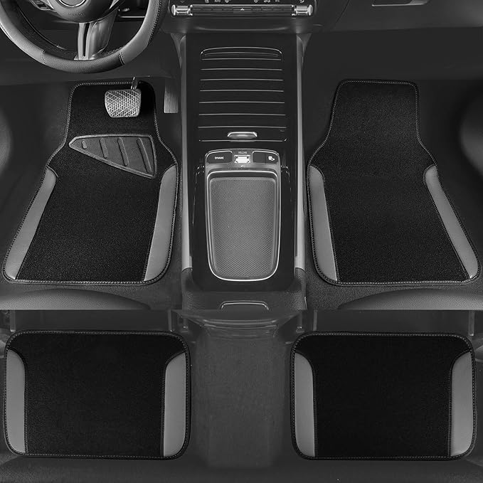 CAR PASS Faux Leather Steering Wheel Cover and Waterproof Car Floor Mats,Universal Car Combo Fit for 95% Sedan,SUV,Cars,14.5-15inch Sporty Anti-Slip Safety Comfortable Design(Black＆Gray)