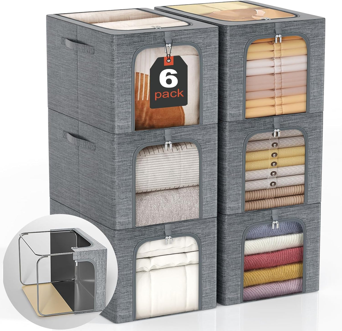 GoMaihe Clothes Storage Bin with Metal Frame: 6-Pack Stackable Closet Storage Bin with Lid & Clear Window, Sweater Boxes Storage for Closet Bedding Clothing Storage Organizer 40L