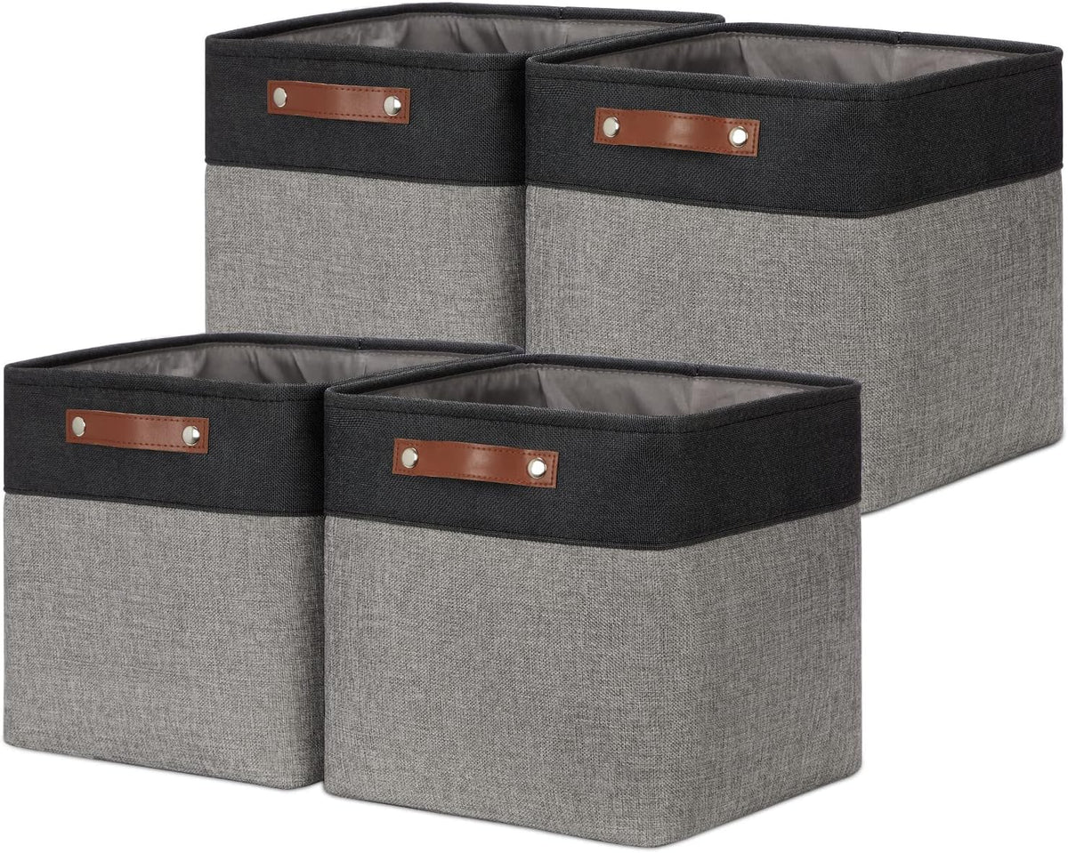 DULLEMELO Cube Collapsible Storage Bins, 12 inch Fabric Storage Cubes Bins Canvas Organization Baskets, Linen Closet Organizers Boxes for Home Organization and Storage (4 Pack - 12" Black&Grey)
