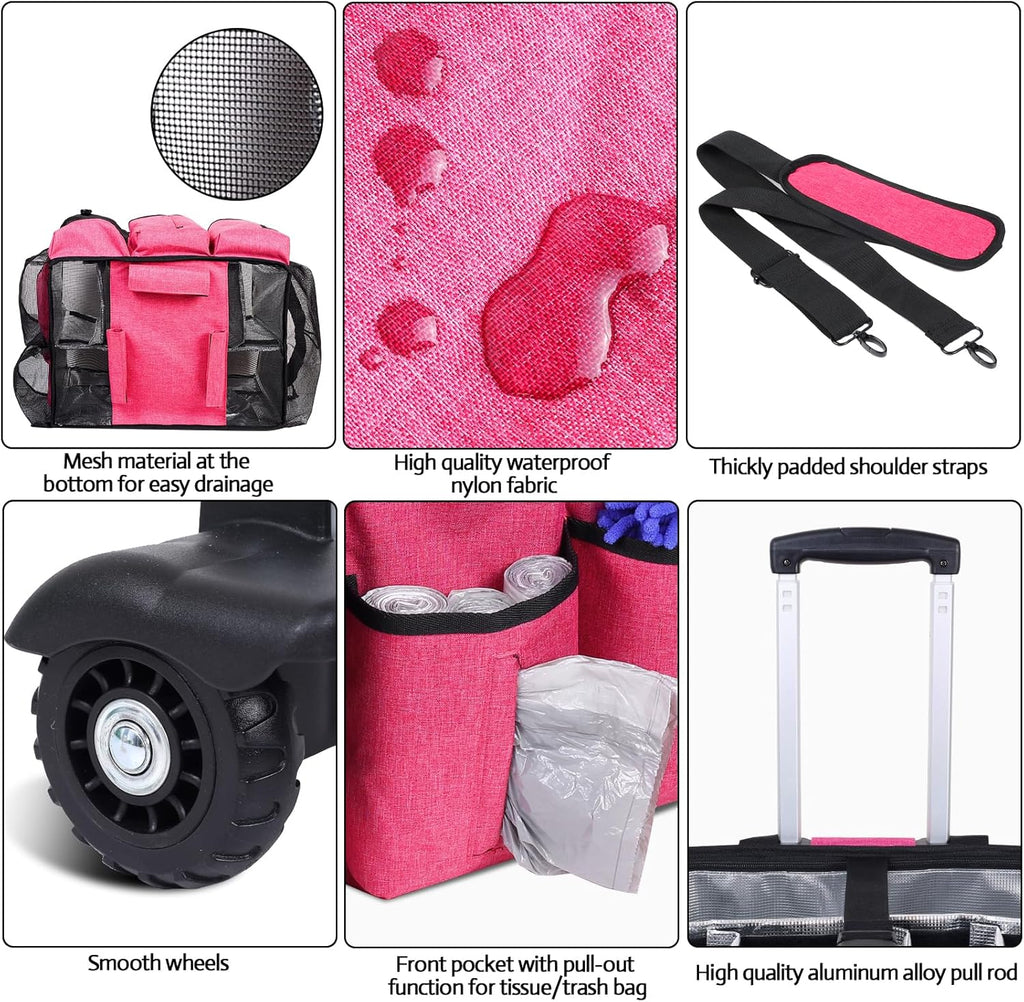 Extra Large Rolling Cleaning Caddy Bag with Detachable, Foldable Trolley Portable Cleaning Cart for Housekeeping Cleaning Caddy with Adjustable Shoulder Strap and Multiple Storage Pockets