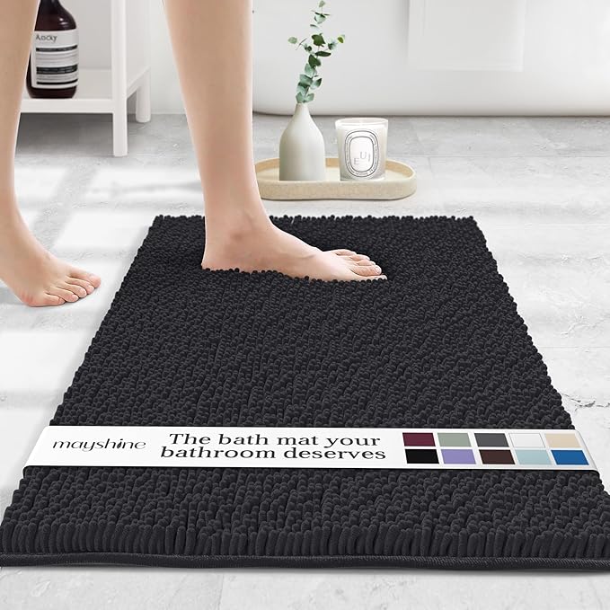 MAYSHINE Plush Shaggy Chenille Bath Mat | Extra Soft, Super Absorbent, Non-Slip Bathroom Rug | Fluffy Microfiber, Area Rug Sets for Bathroom Floor, Kitchen, Living Room | 23"x14" | Black