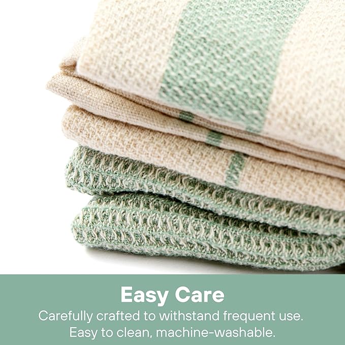 MEEMA Kitchen Towels and Dishcloths Sets of 4 | Large 18 x 28 Inch | Upcycled Cotton Tea Towel | Super Absorbent Cotton Dish Towels for Kitchen | Sage Green Stripes | Hand Towels