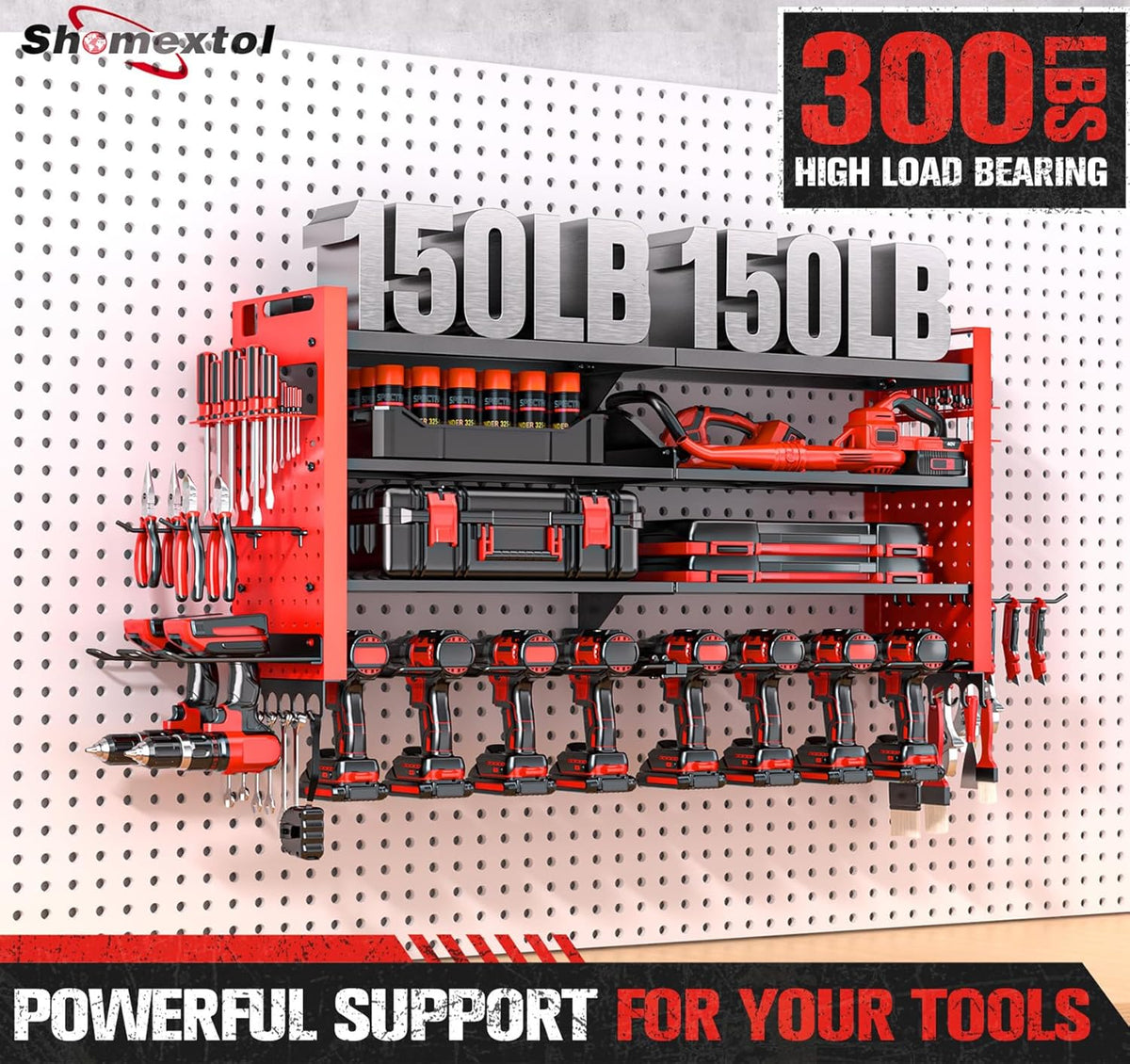Heavy Duty Power Tool Organizer Wall Mount with Charging Station, Large Garage Organization with 10 cordless Drill Holder, 4 Layers Tool Organizers and Storage, Tool Rack with 6 Power Strip, Red