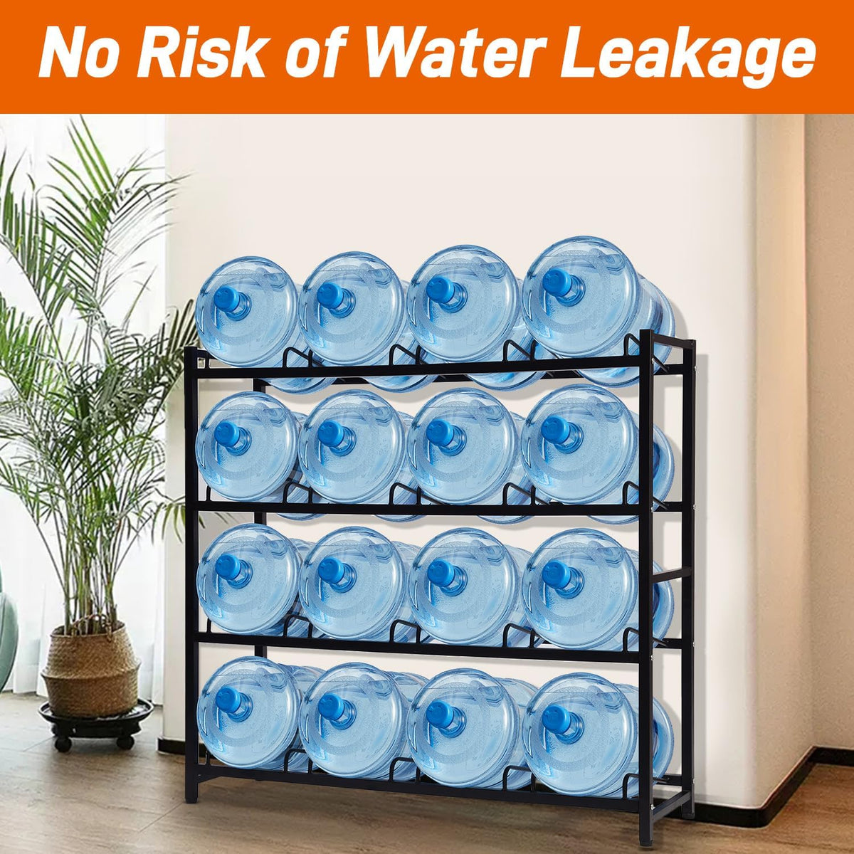 16-Tray Water Cooler Jug Rack - Heavy Duty Carbon Steel 5 Gallon Water Dispenser Jug Holder Stand With 4-Tier Organizer For Home, Office, Kitchen, Warehouse - Black