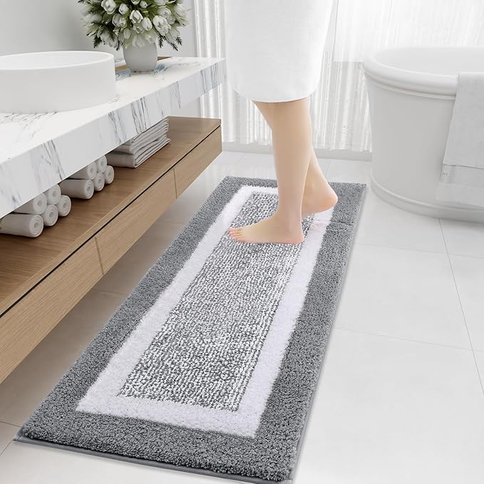 OLANLY Bathroom Rugs 47x20, Extra Soft and Absorbent Microfiber Bath Mat, Non-Slip, Machine Washable, Quick Dry Shaggy Bath Carpet, Suitable for Bathroom Floor, Tub, Shower (Runner, Grey)