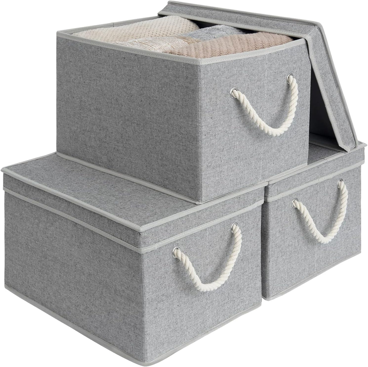 StorageWorks Storage Bins with Lids, Decorative Storage Boxes with Lid and Soft Rope Handles, Foldable Storage Baskets for Closet, Shelves, Stackable, 3-Pack, Gray, Jumbo