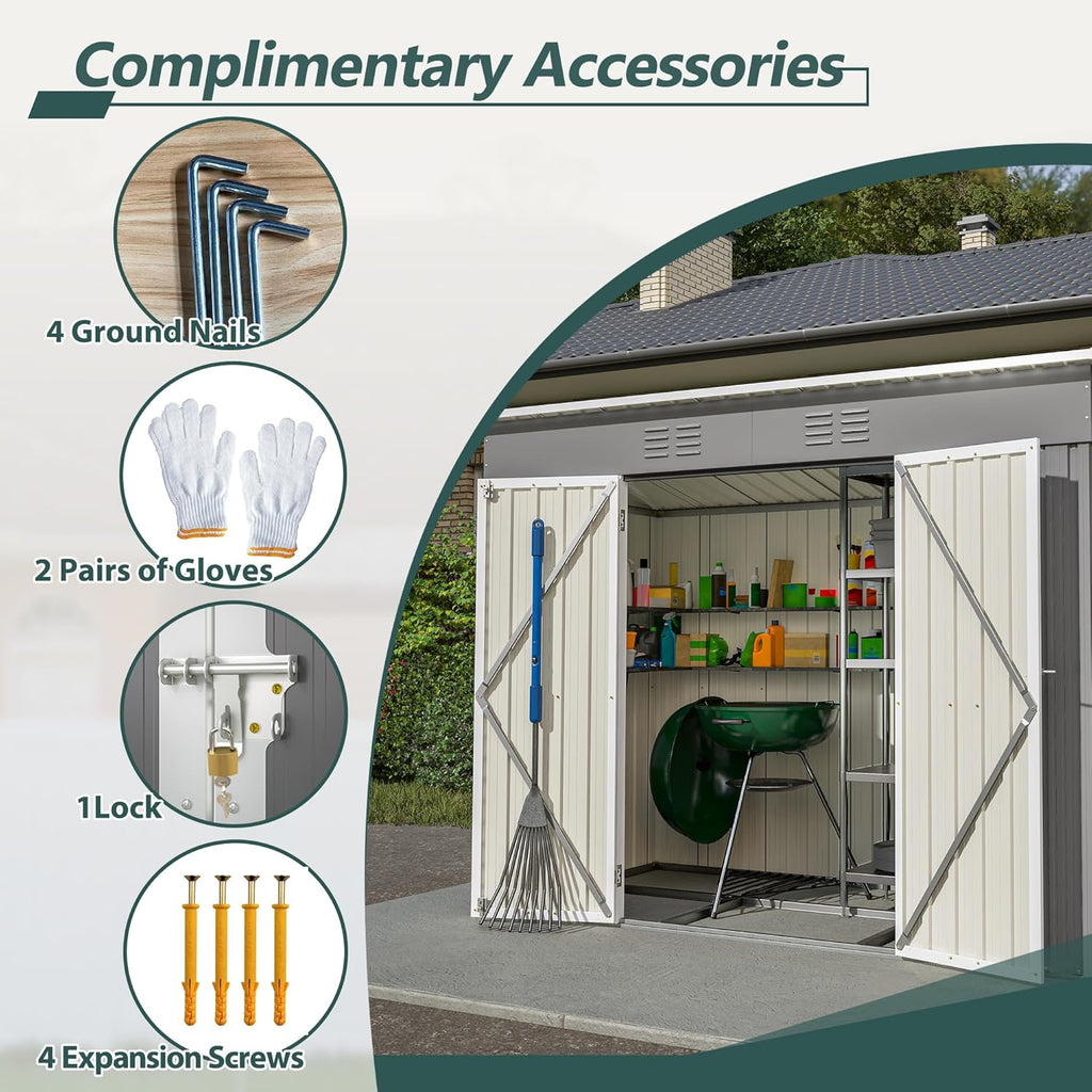 8x4 FT Outdoor Storage Metal Shed with Air Vents Sloping Roof Double Lockable Doors Waterproof Tool Galvanized Ideal for Backyard Patio Lawn Gray Shed Storage