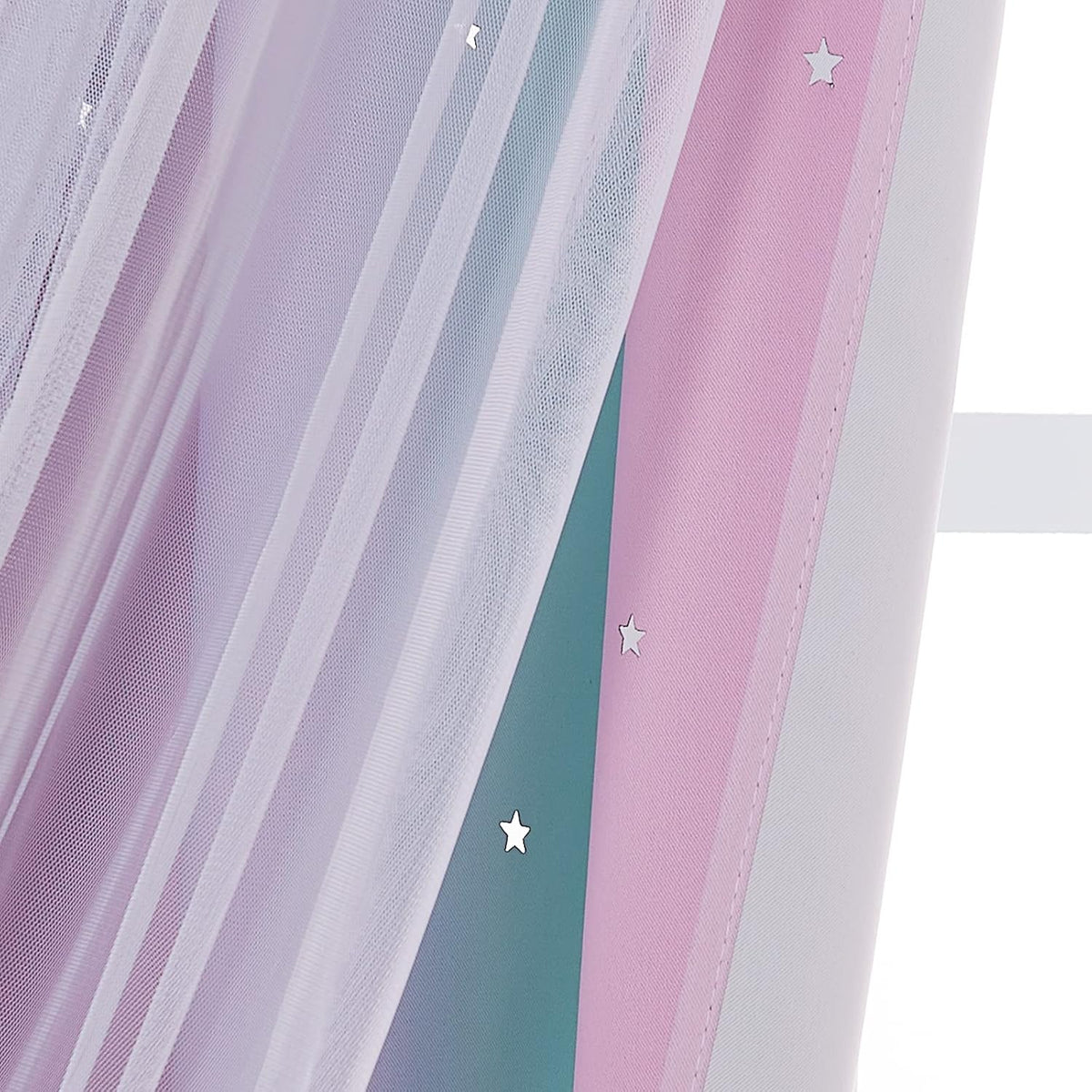 NICETOWN Baby Room Decor, White Gauze & Blackout Drapes Assembled, Star Cut Romantic and Colorful Curtains with Versatile Styling Options for Birthday Party (Blue & Purple & Pink, Each is W52 x L84)
