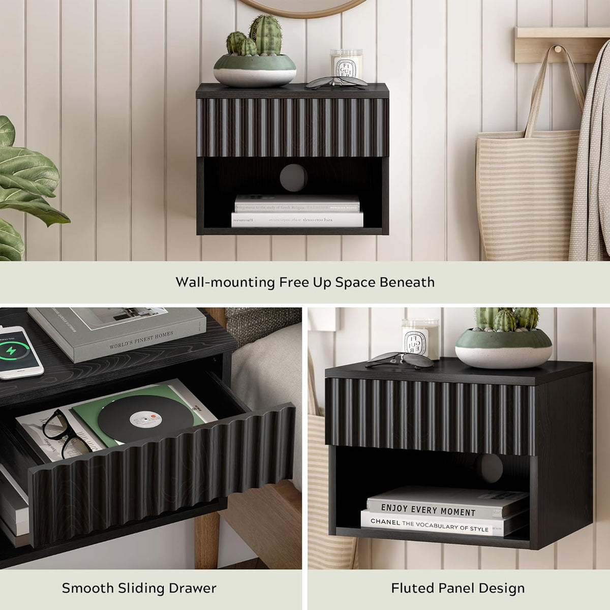 Fluted Floating Nightstand Set of 2 with Drawer, Modern Night Stand with Fluted Door and Open Storage Shelf Wall Mounted Bedside Table for Bedroom, Entryway Black