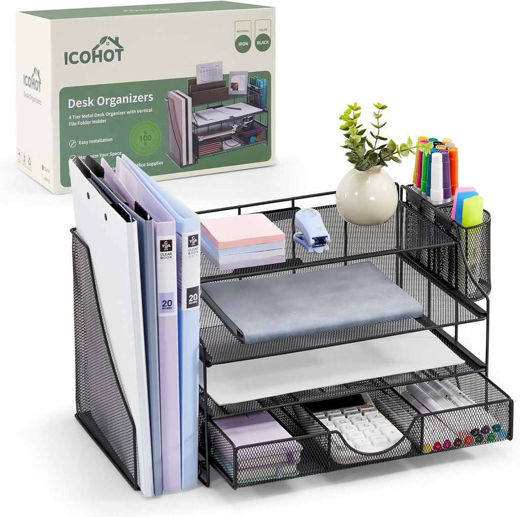 Desk Organizers and Accessories, 4 Tier Paper Letter Tray Organizer Holder Desk Organization with Drawer, Mesh Desktop Organizer with Vertical File Holder Workspace Accessories for Office Supplies