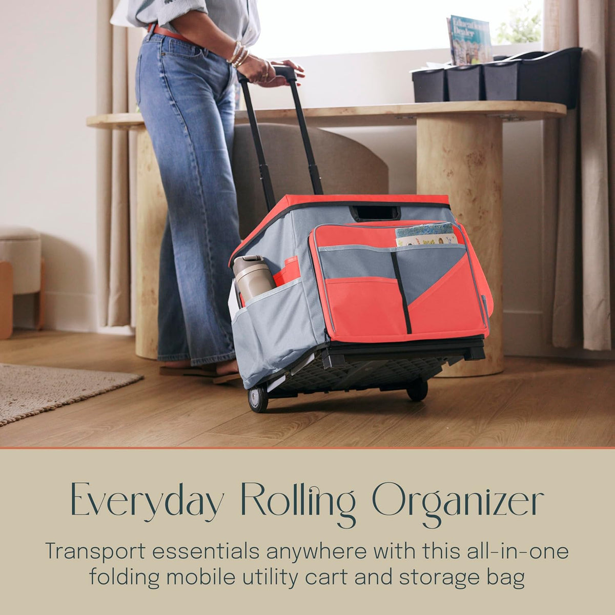 Mobile Utility Cart with Storage Organizer Bag, Rolling Cart, Red/Grey