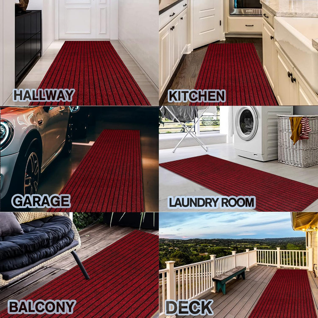 Custom Size Backed Non-Slip Area Rugs Runner, Easy Clean, Waterproof Runner Rugs for Hallway Entryway, Kitchen, Laundry, 4FT x 56FT, Red Stripe