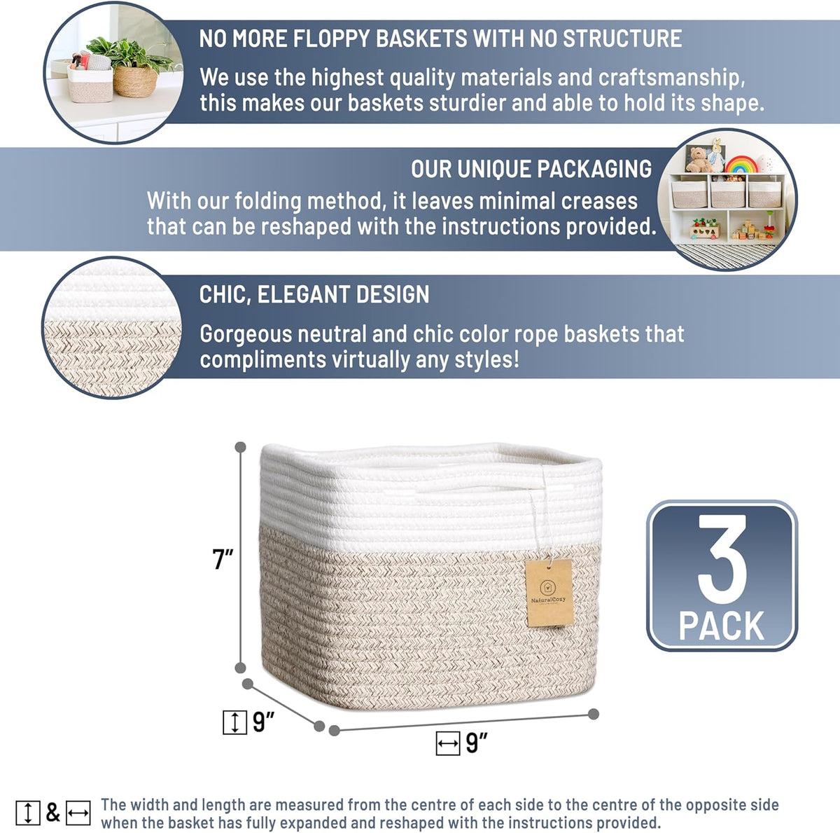 NaturalCozy Storage Cubes 9”x9”x7”Cotton Rope Woven Baskets for Organizing 3-Pack | 9 Inch Cube Storage Bin | Small Basket for Shelf Nursery, Pantry, Decorative Plant, Bathroom Closet, Toy Gift