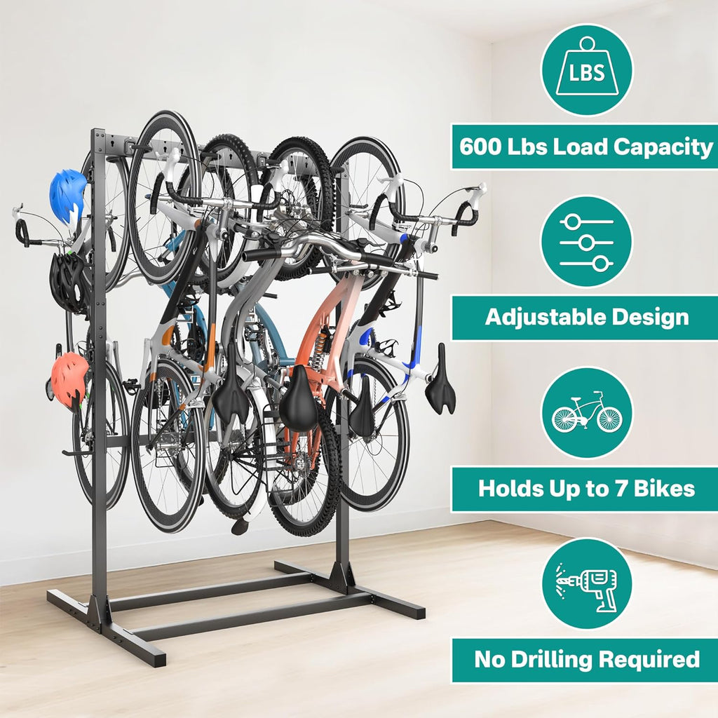EVERHANGER Freestanding Bike Stand Rack with Adjustable Hooks, Vertical Bike Stand for Garage, Bicycle Storage Organizer, Holds Up to 7 Bikes & 7 Helmets