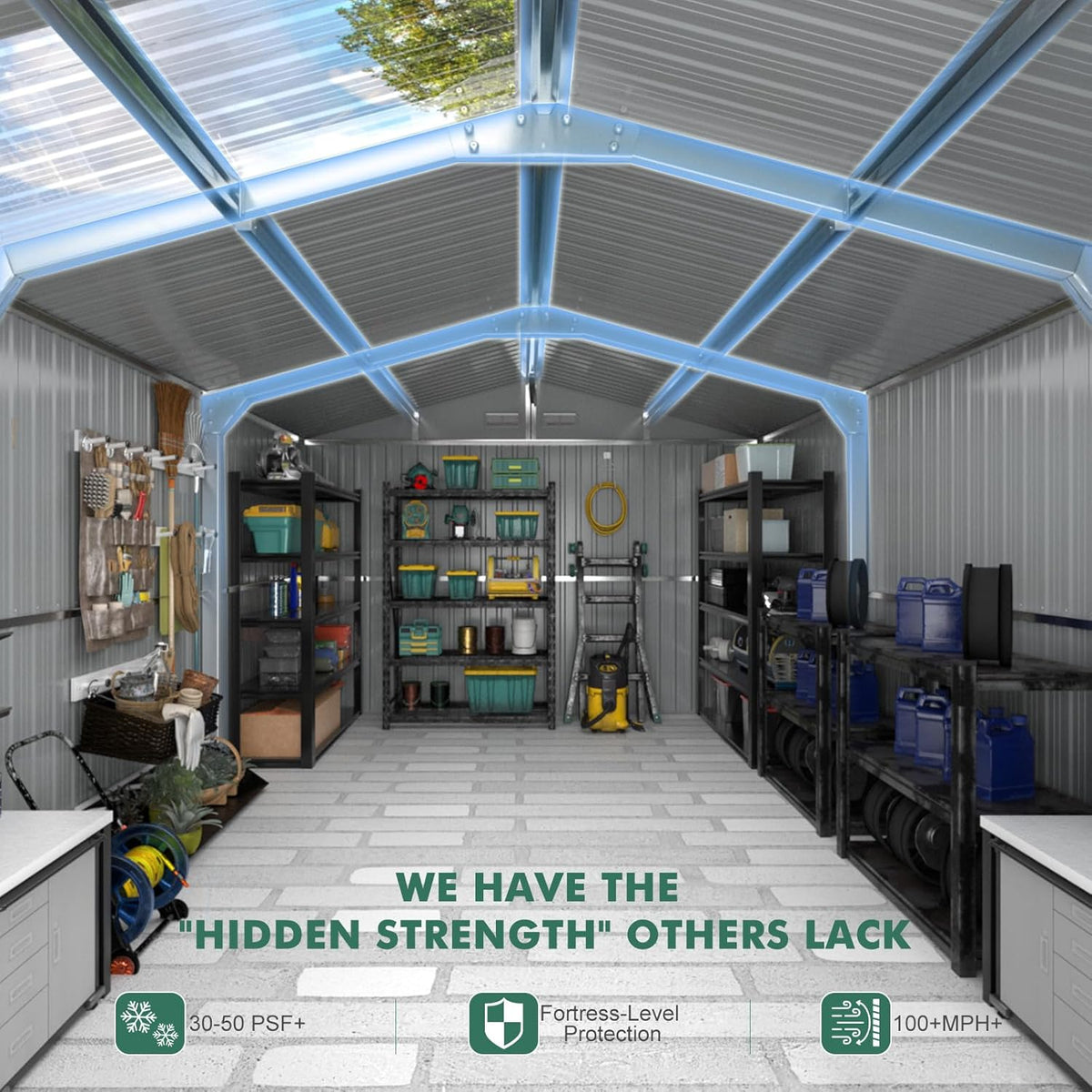 Metal Shed 10x16 FT with Floor Frame Kit, Big with Heavy-Duty Reinforced Steel Frame and Customizable Skylight, Lockable Doors, 4-Pane Windows, Large Outdoor Storage for Garden, Tools, and Utility