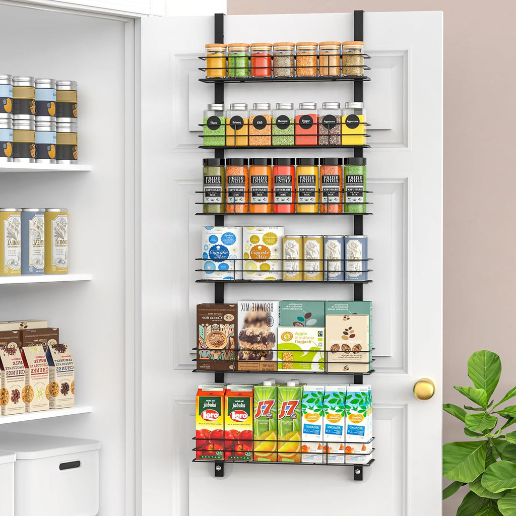 6-Tier Over The Door Spice Rack, Large-Capacity Adjustable Hanging Pantry Organizer 3 Size Baskets, No-Sway No-Drill Door Mount, Heavy-Duty Rustproof Steel, 15.75″ Wide, Black