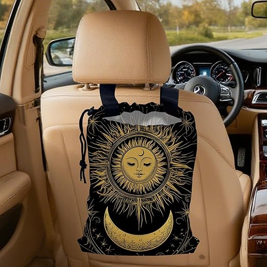 Vintage Sun and Moon Car Garbage Bag, Small Car Trash Bag Hanging,Drawstring Car Garbage Bag with Adjustable Buckle for Car Back Seat,SUVs,Camping,Road Trips