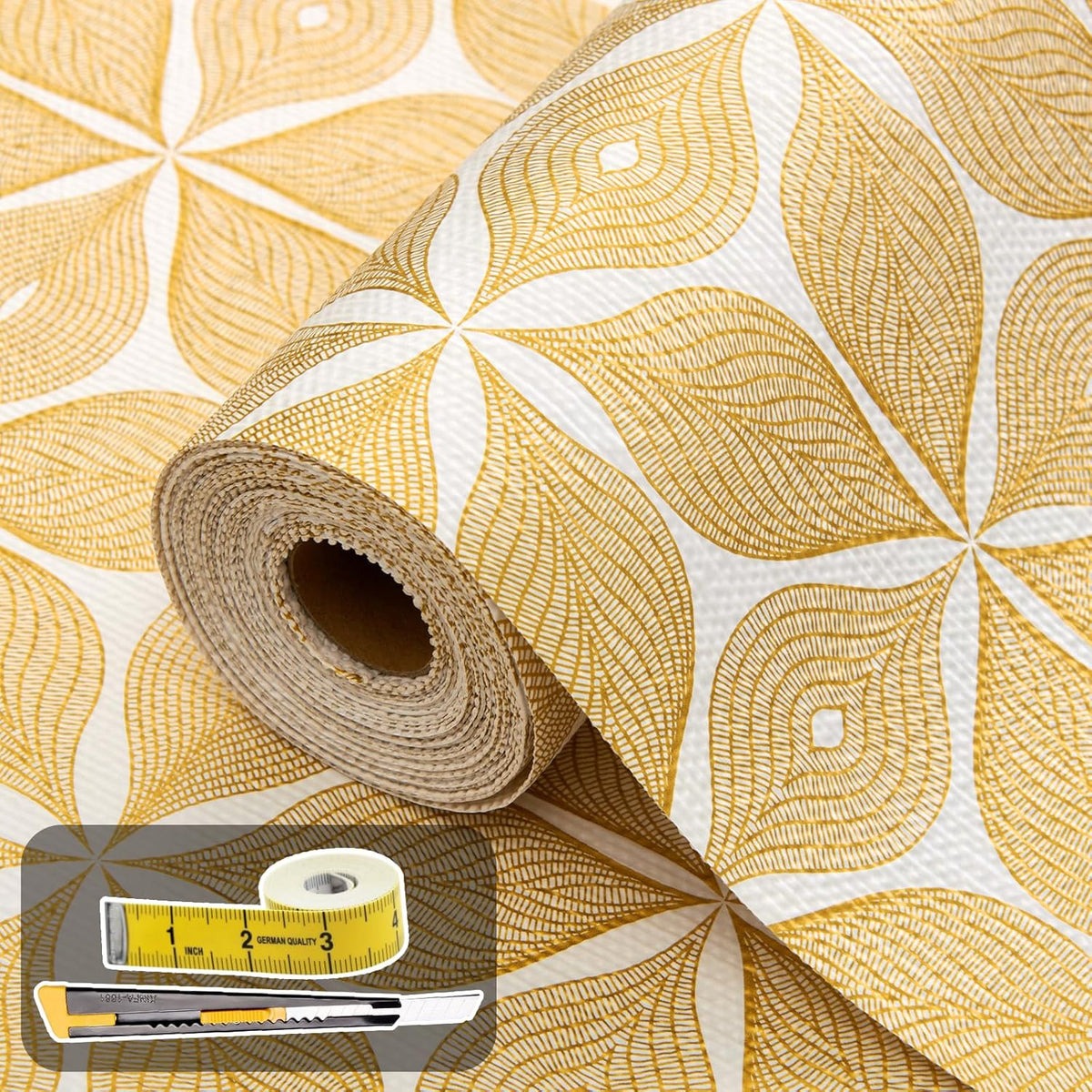 Shelf Liners for Kitchen Cabinets 12in x 30FT, Non Adhesive Cabinet Liner Strong Non-Slip Golden Leaf Drawer Liner, Easy to Clean for Shelf, Cabinet with Knife and Tape Measure