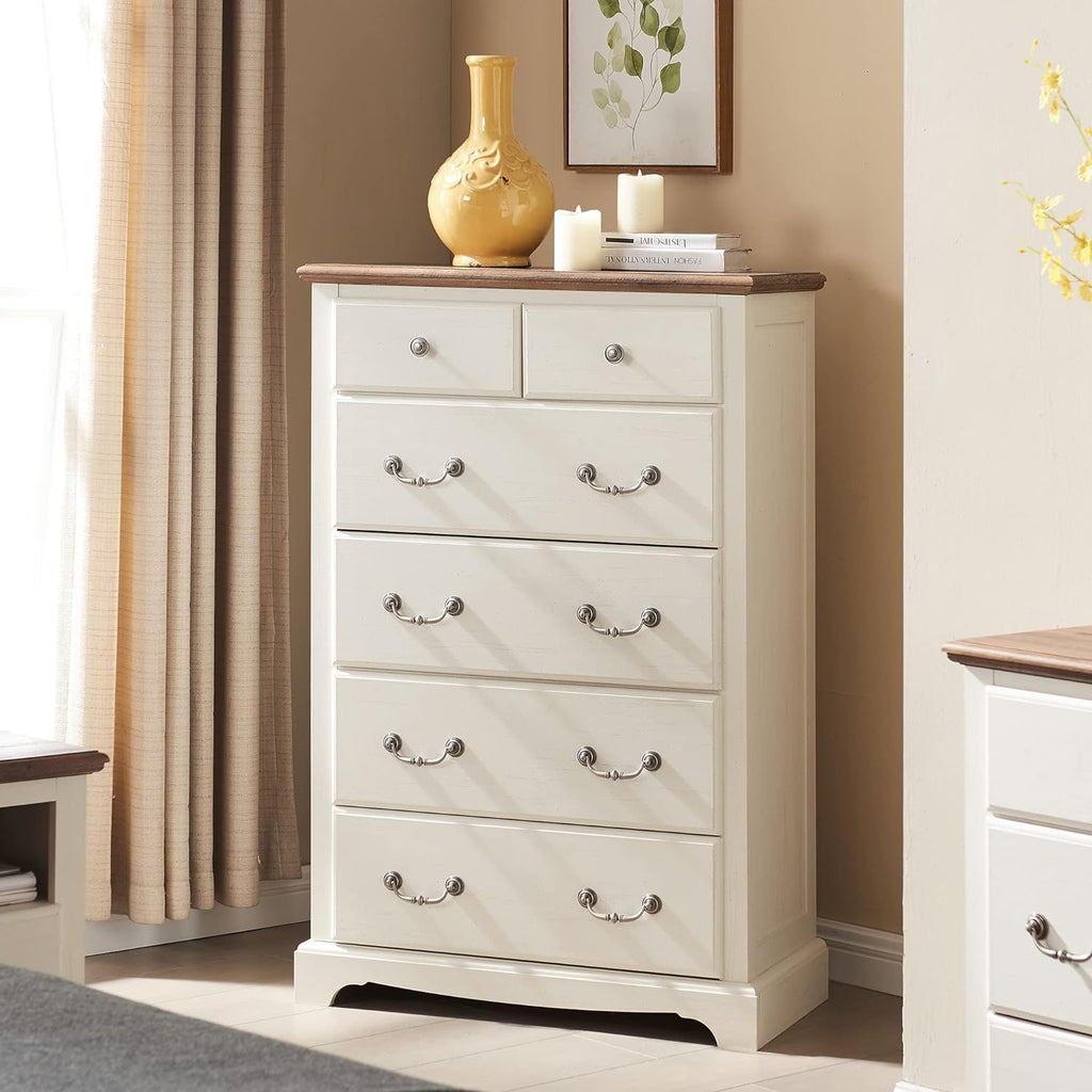 T4TREAM 6 Drawers Dresser Chests for Bedroom, 48" Tall Rustic Chset of Drawers, Wood Dressers Organizer for Bedroom, Living Room,Hallway, Antique White