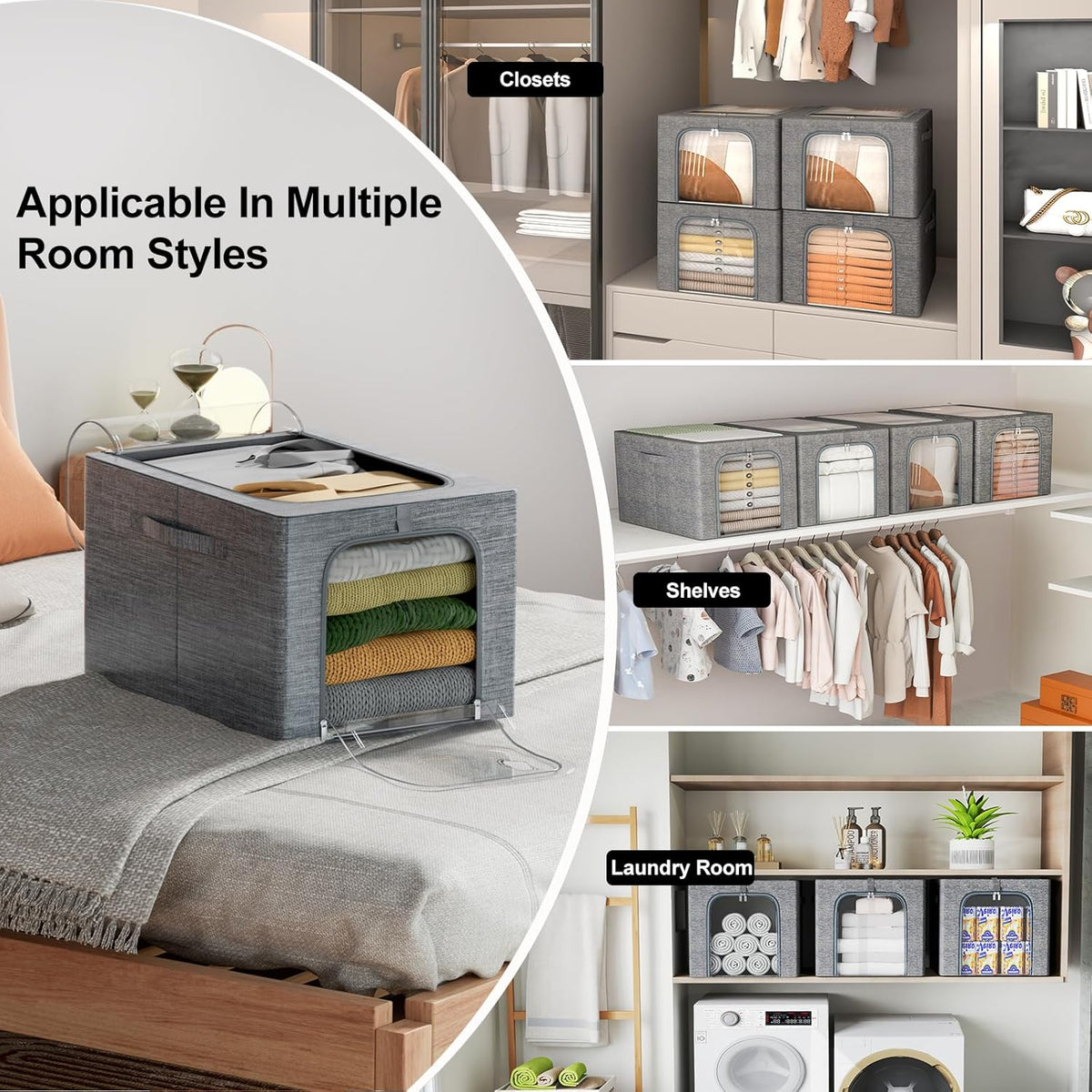 GoMaihe Clothes Storage Bins Metal Frame: 3-Pack Compact Stackable Closet Storage Bin with Lid & Clear Window, Space Saving Organizer for Sweaters Kids Clothes (Dorm/Closet 27L)