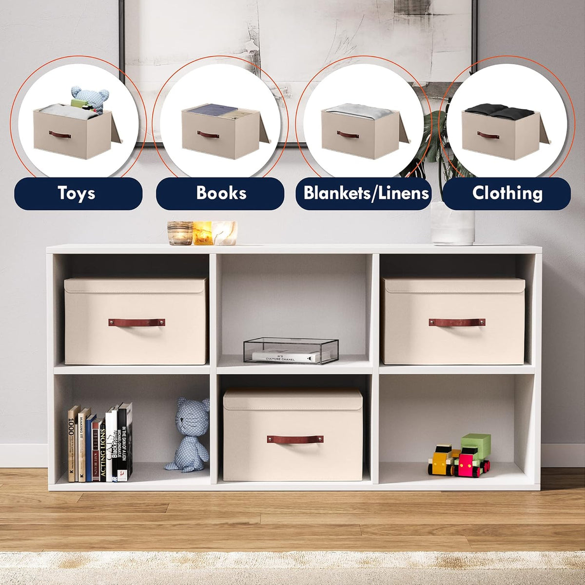 Ornavo Home 3 Pack Collapsible Storage Bins with Lid, Foldable Linen Fabric Shelf Storage Basket Closet Organizer and Large Storage Box for Clothes with Leather Handles, 15 x 10 x 9, Beige