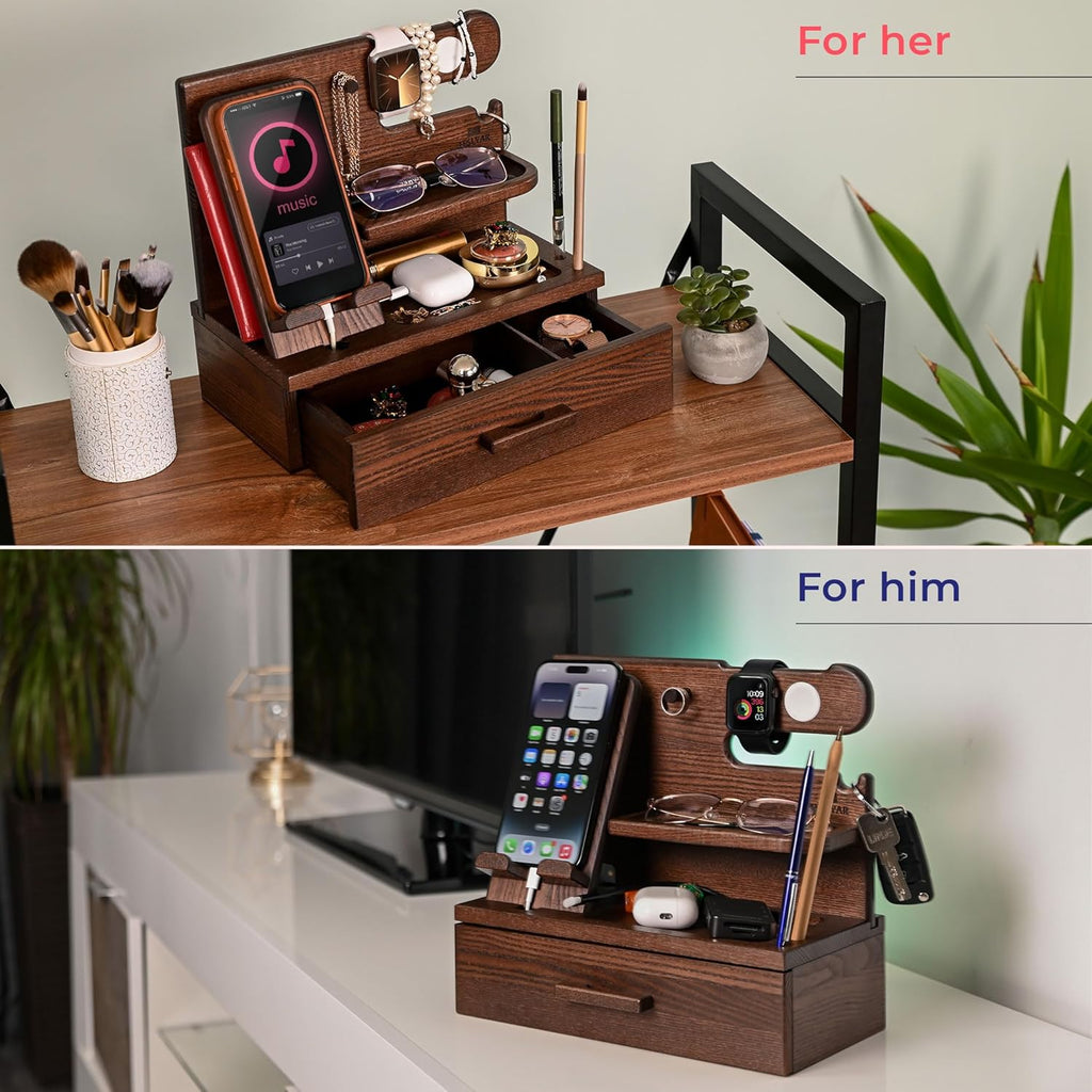 TESLYAR Wood Phone Docking Station with Drawer - Nightstand Organizer - Desk Organizer for Husband - Birthday Gifts for Men, Dad, Anniversary Idea, Key Holder Stand Watch & Accessories (Bourbon Brown)