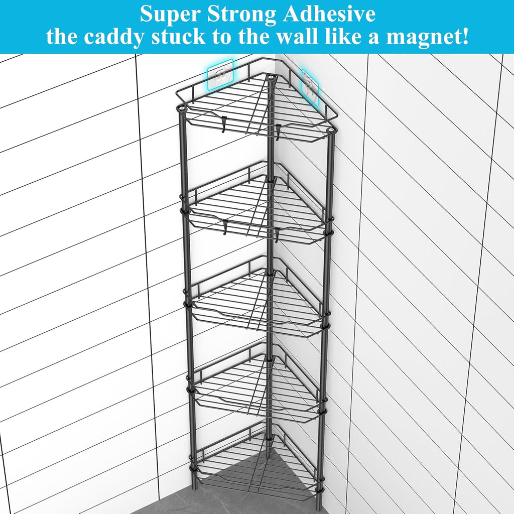 5 Tier Floor Standing Corner Shower Caddy Organizer Shelf with Hooks, Bathroom Shelves Stand Rack, Black