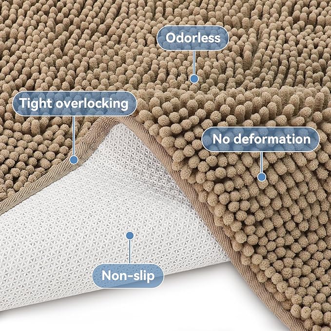 Bcoimo 48"×24" Absorbent Bath Mat, Non-Slip with Backing Chenille Bath Rug and Machine Washable Bathroom Mat Quick-Dry Design. Ideal for Bathroom and Tub Areas